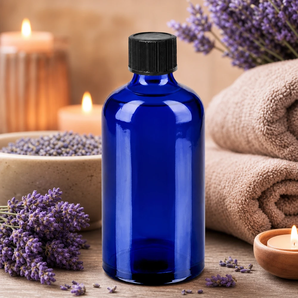 100 ml dråbeflaske 1 mm sort STD BlueLine UT18/100 Apotekerflaske 100 ml i koboltblå med sort dråbehætte til aromaterapi og wellness