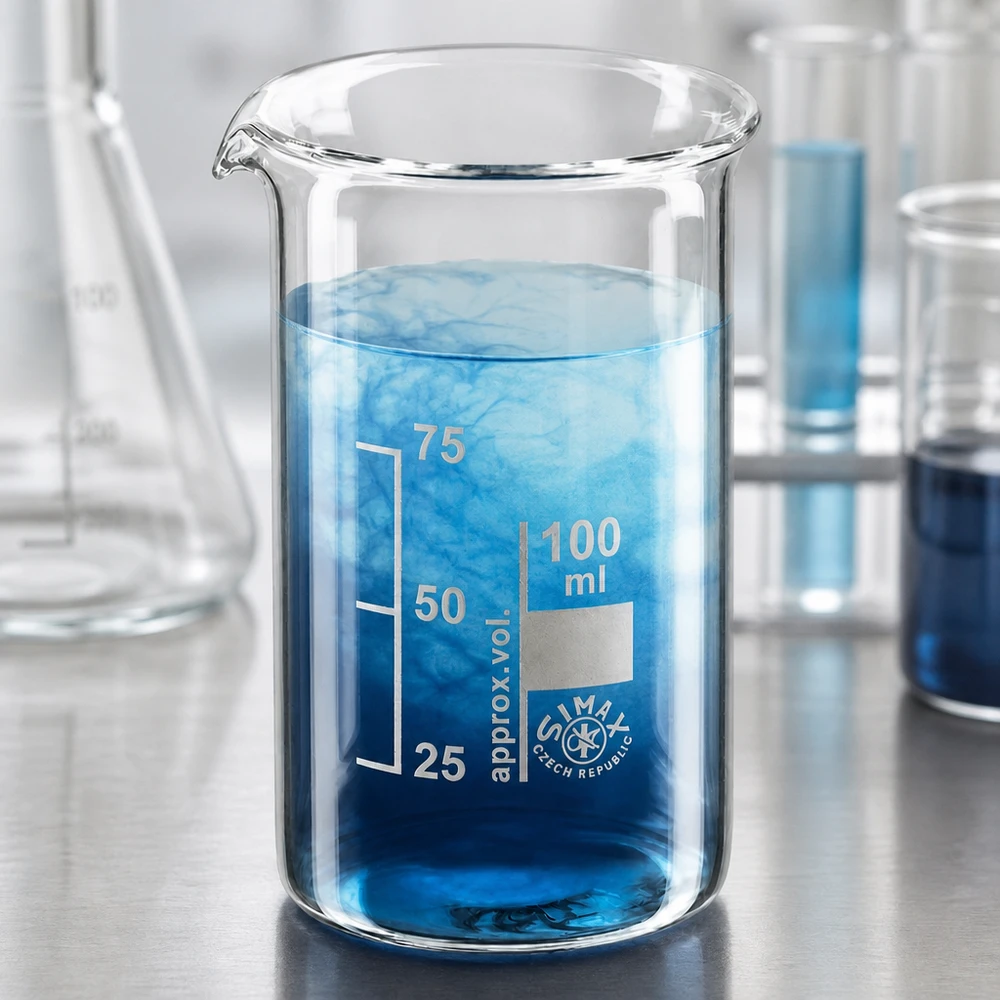 Bægerglas 100 ml borosilikatglas, høj form Simax-bægerglas, 100 ml, høj model, med blå opløsning og synlig diffusion i laboratoriet