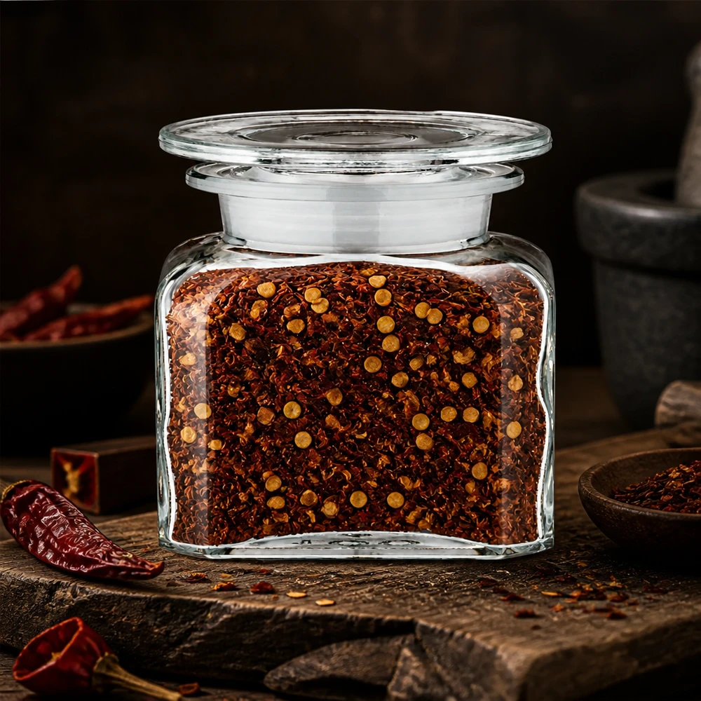 Idé til krydderiglas: Firkantet apotekerflaske 100 ml med bred hals Firkantet apotekerflaske på 100 ml fyldt med chiliflager og -frø ved siden af en morter og chilifrugter
