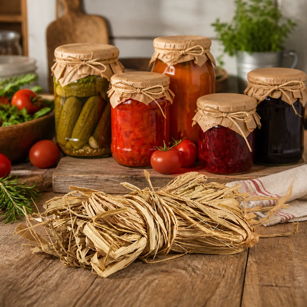 Naturbast til dekoration, 30 g Naturraffia 30 g som forsegling til konserveringsglas, der bruges i det rustikke køkken med konserverede fødevarer