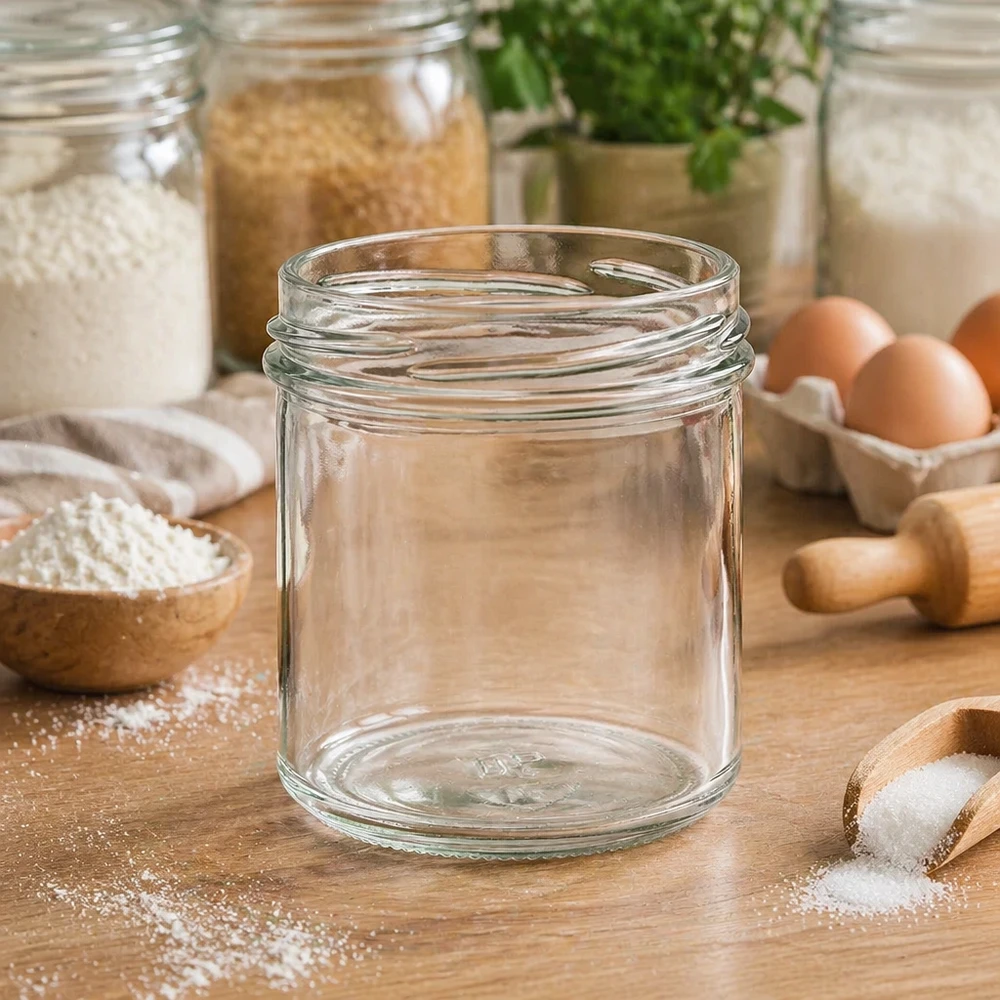 UNiTWIST Sturz167 - Briller med indhold 167 ml TO66 Tomme 167 ml TO66 UNiTWIST-bægre på et træbord med køkkenredskaber og ingredienser i baggrunden.