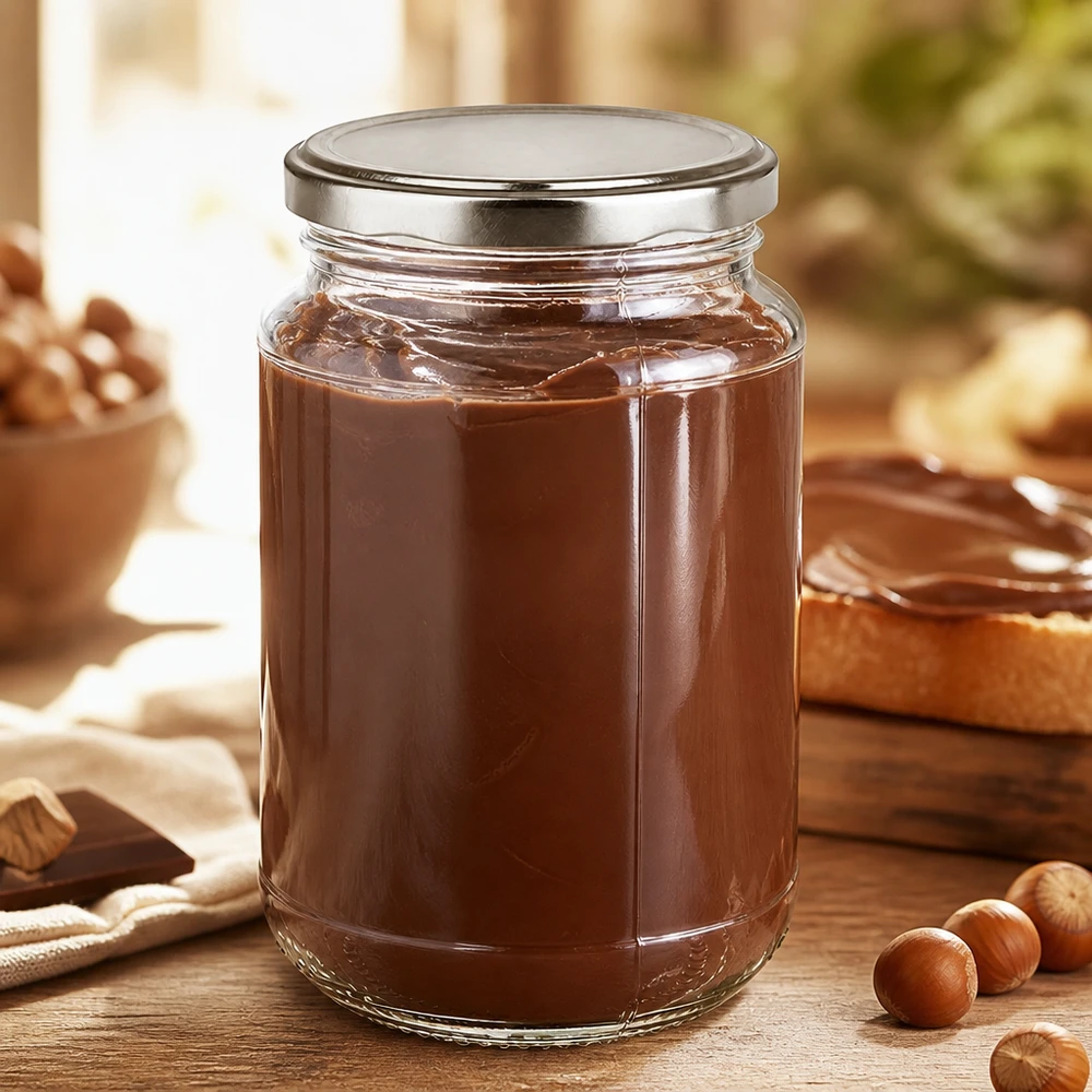 320 ml rundt glas + BasicSeal sølv UNiTWIST Chokolade-nøddesmør i et 320 ml rundt UniTwist-glas med sølvfarvet BasicSeal-låg