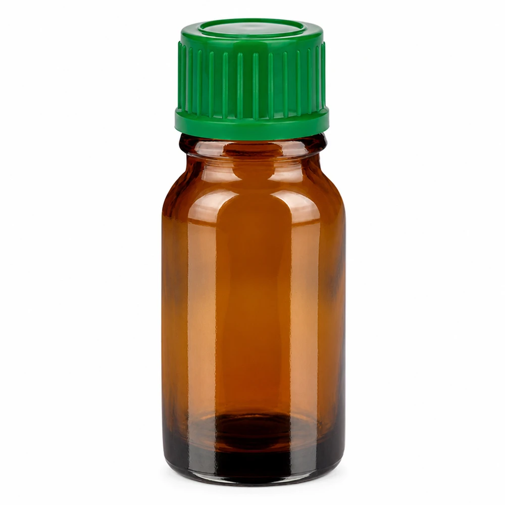 10 ml flaske 11 mm SV grøn STD BrownLine UT18/10 10 ml ravfarvet glasflaske med grønt skruelåg til æteriske olier og kosmetik