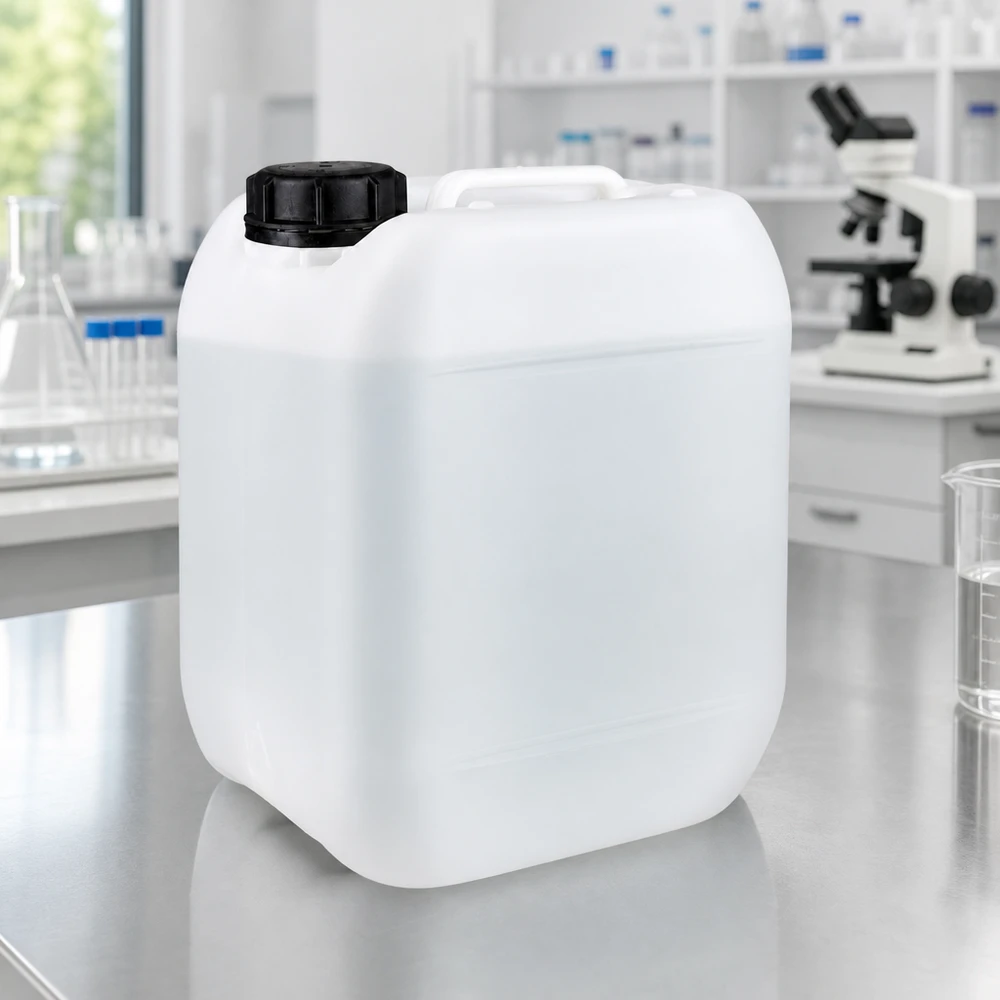 Beholder 5 liter med skruelåg OV 5 liters HDPE-laboratoriedunk med sort skruelåg på et bord af rustfrit stål i laboratoriet