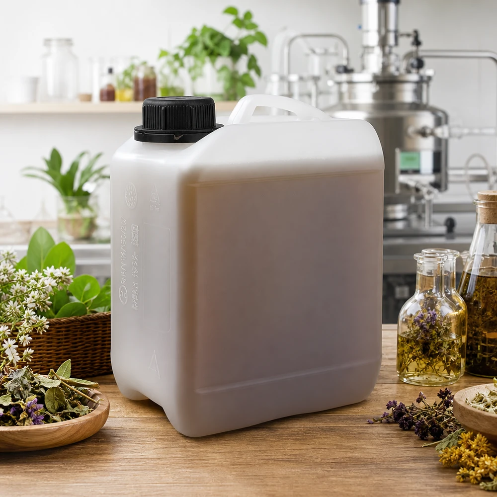 Aromaterapi-dunk på 2,5 liter, hvid med skruelåg, omgivet af urter og æteriske olier
