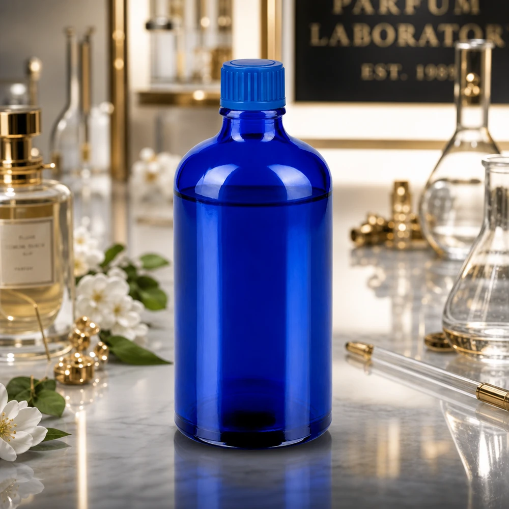 100 ml flaske 11 mm SV blå STD BlueLine UT18/100 Elegant 100 ml glasflaske i intens blå til professionelle kosmetiklaboratorier