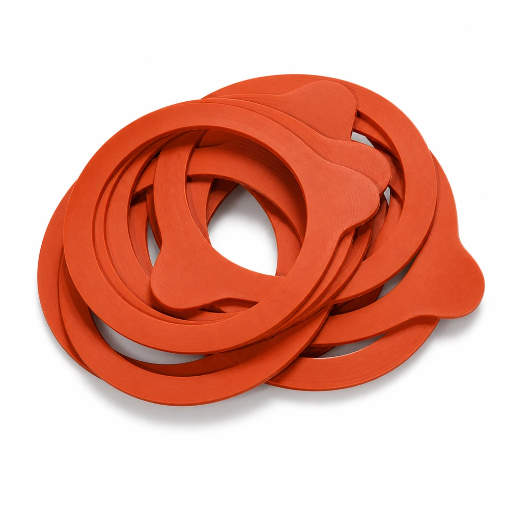 Kogende ring af naturgummi RR60 Konserveringsringe RR60 naturgummi orange stablet indskudt Nærbillede af gummipakninger Konserveringskrukker