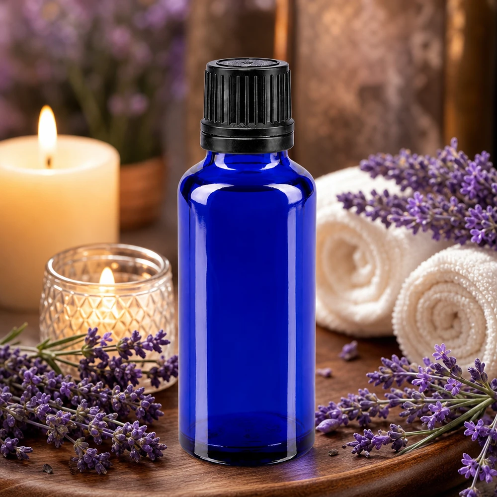 Apoteksflaske blå 30ml skruelåg sort hældeprop r. OV Koboltblå 30 ml apotekerflaske af brunt glas med børnesikret skruelåg