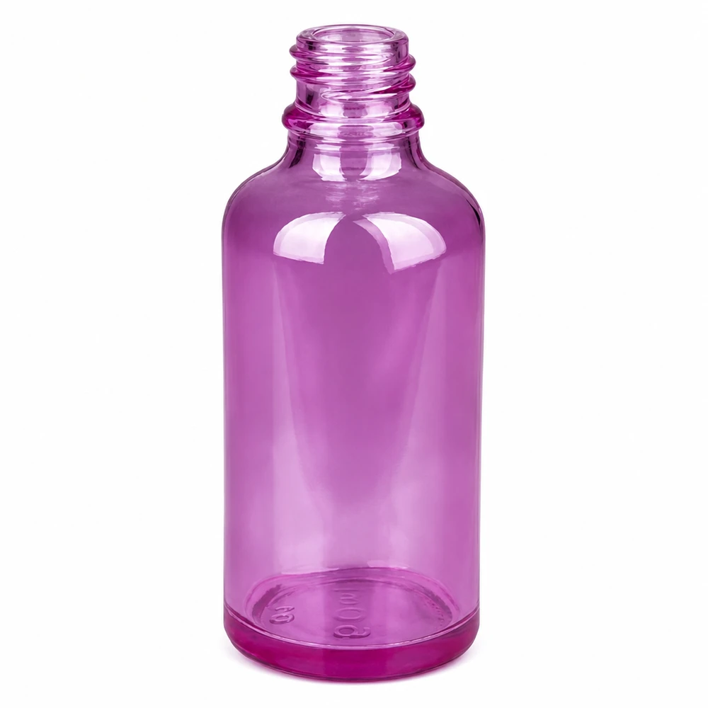 50 ml flaske 11 mm skruelåg aluminium-sølv standard PurpleLine.UT18/50 Lilla glasflaske 50 ml med 11 mm gevind og sølvfarvet aluminiumshætte til aromaterapi