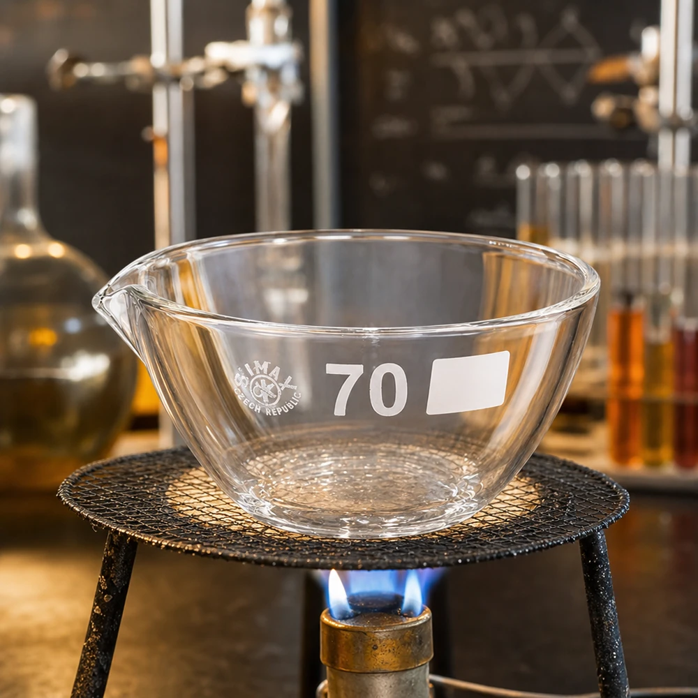 Lille laboratorieskål 60 ml med ø70 mm tud lavet af robust borosilikatglas til fordampningsprocesser