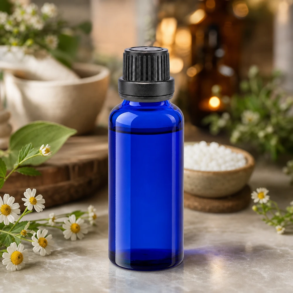 Apoteksflaske blå 30 ml skruelåg sort tæt OV Lille 30 ml apotekerflaske i koboltblå med børnesikret skruelåg og kamilleblomster