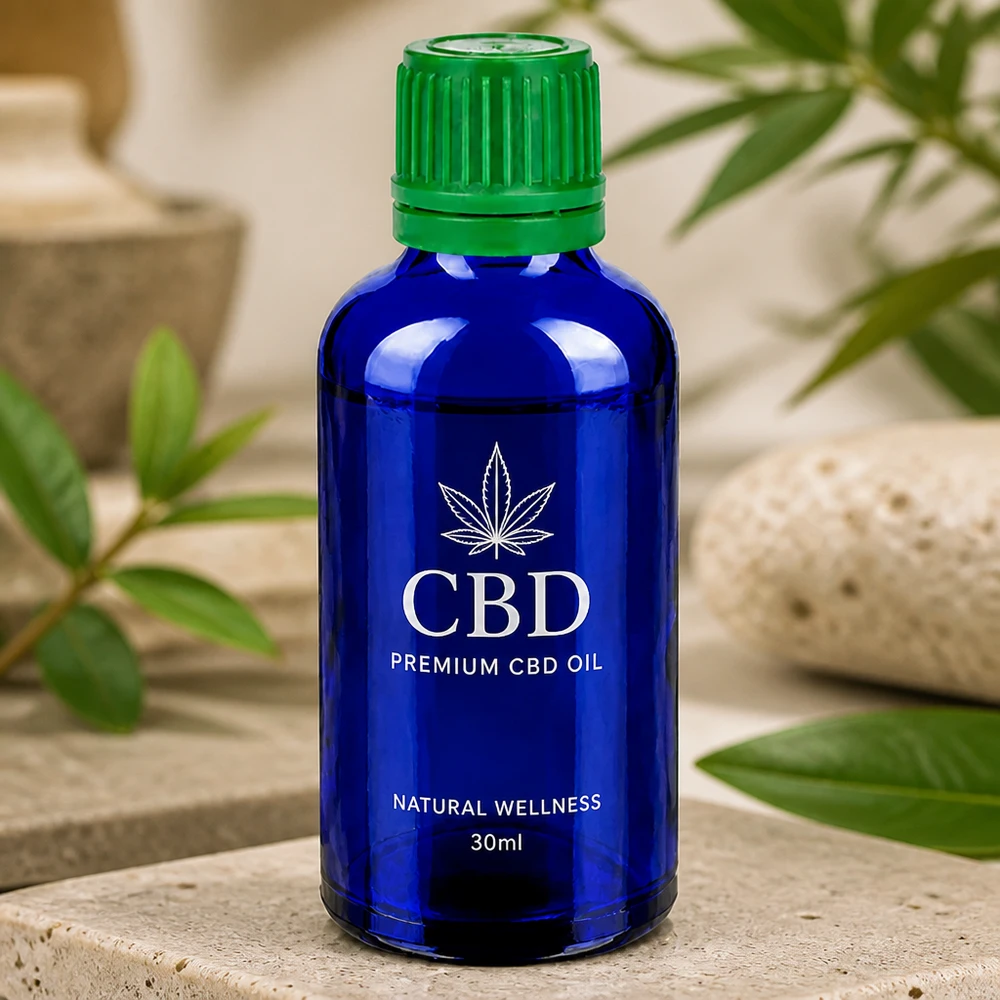 Tom blå glasflaske 50 ml med børnesikret grønt skruelåg til CBD og tinkturer
