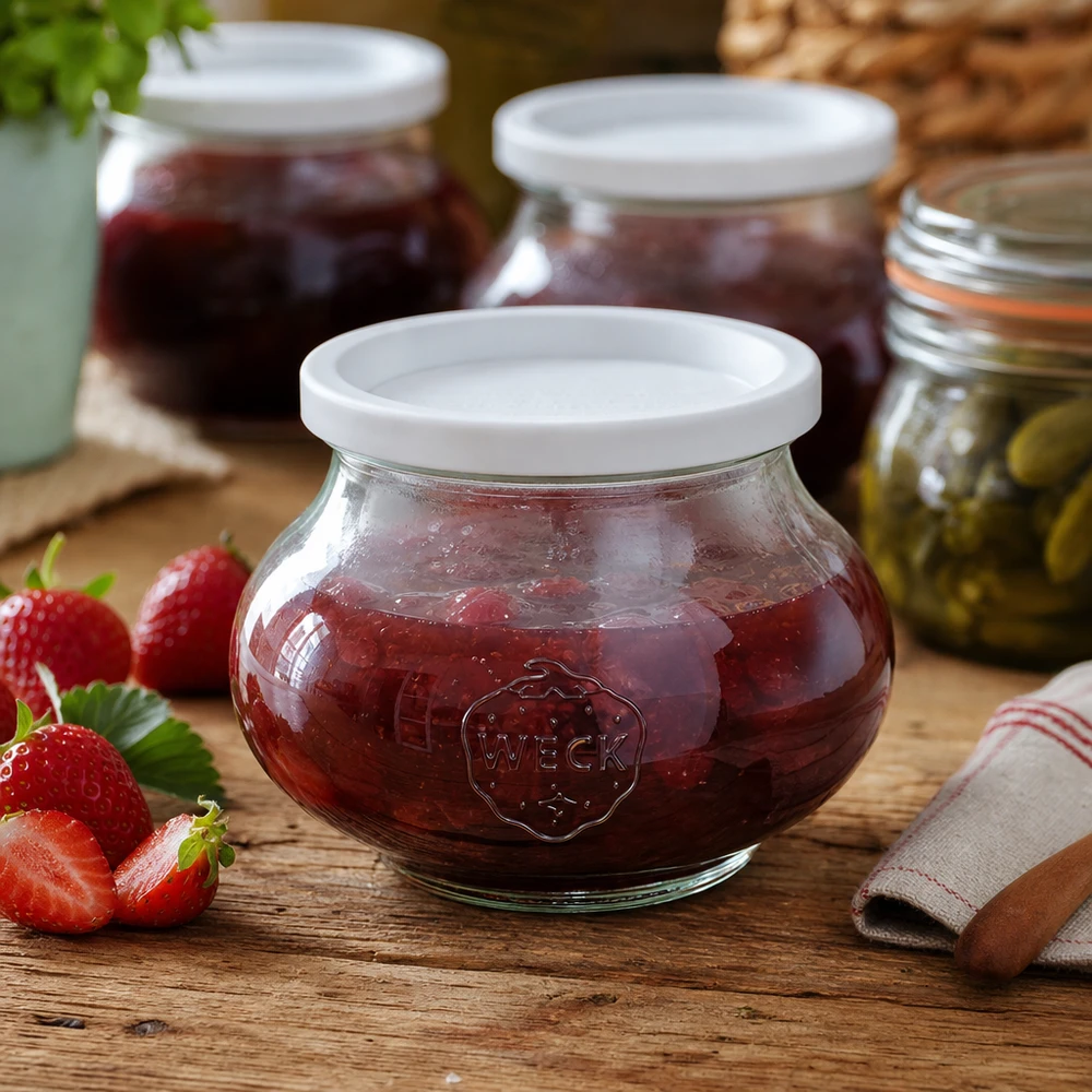560 ml dekorativt glas med friskhedslåg WECK RR80 WECK syltetøjsglas 560 ml RR80 fyldt med jordbærmarmelade ved siden af friske jordbær på et træbord i køkkenet