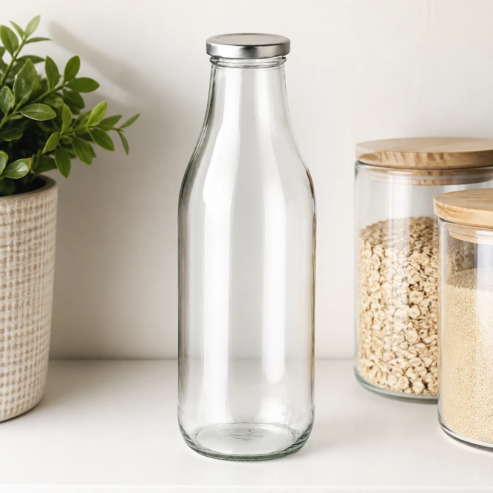 1000 ml glasflaske + BasicSeal-låg sølv UNiTWIST. Absolut lækagesikker med stort TO48-låg. Til mælk, juice og limonade. 1000 ml glasflaske med BasicSeal-låg sølv ved siden af opbevaringsglas med korn og planter moderne køkkenorganisation