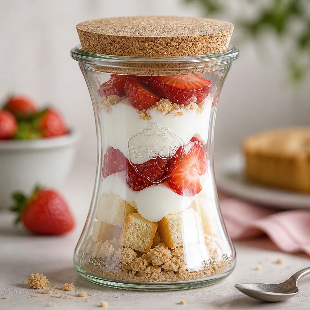WECK-krukke 370 ml RR80 som dessertbæger fyldt med en lagdelt dessert af jordbær, yoghurt og kiksekrummer