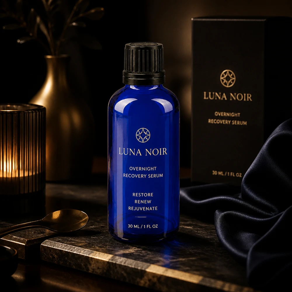 Apoteksflaske blå 50ml skruelåg sort hældeprop r. OV Luna Noir Overnight Recovery Serum i en koboltblå 50 ml apotekerflaske med dråbeforsegling
