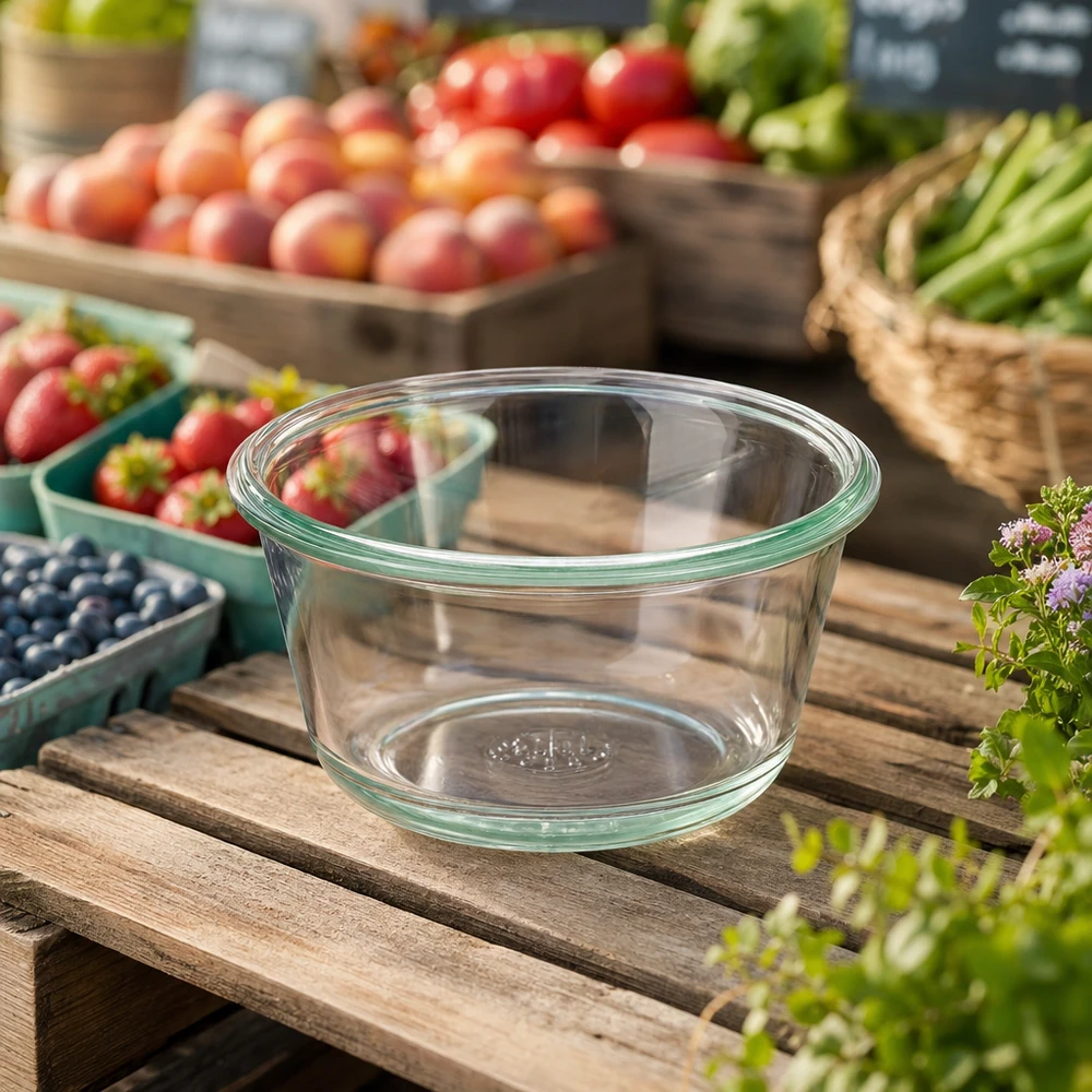 290 ml gourmetglas WECK RR100 WECK RR100 290 ml gourmetkrukke tom på træbord med frisk frugt og grøntsager i baggrunden til konservering