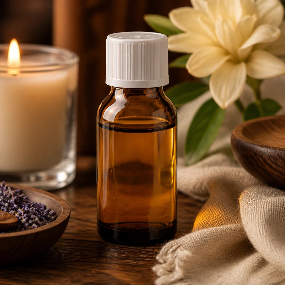 Apoteksflaske brun 30ml dråbetæller hvid KiSi St Brun glasdråbeflaske på 30 ml med hvidt KiSi-låg foran et tændt stearinlys og blomster på et træbord