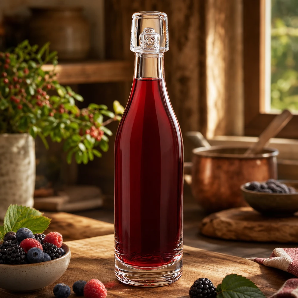 50 ml glasflaske uden skruelåg UNiTWIST 50 ml glasflaske UNiTWIST fyldt med rød bærsaft ved siden af friske bær på et rustikt køkkenbord af træ.