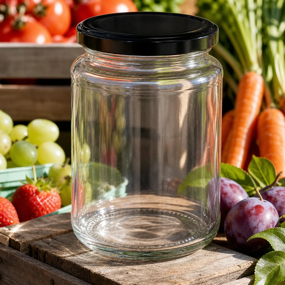 382 ml rund krukke med BasicSeal-låg sort UNiTWIST 382 ml rundt glas BasicSeal sort omgivet af friske frugtgrøntsager jordbær druer gulerødder blommer udendørs