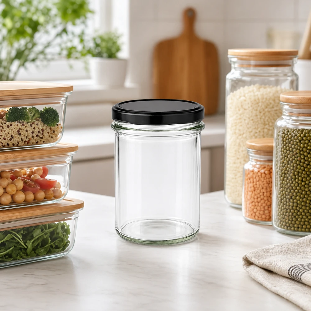 230 ml Briller med BasicSeal-låg sort UNiTWIST 230 ml glas BasicSeal sort tom i moderne køkken med opbevaringskrukker opbevaring organisation køkken scene