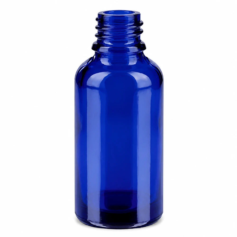 Blå 30 ml glasflaske med 11 mm gevind til æteriske olier og kosmetik