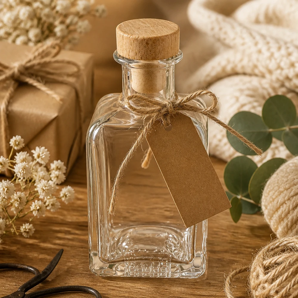 200 ml apoteksflaske »Clara« med træhåndtag og prop UNiTWIST® 200ml Glasflasche Clara mit Kraftpapier-Anhänger Holzkorken Geschenkverpackung natürliche Materialien Vintage-Stil