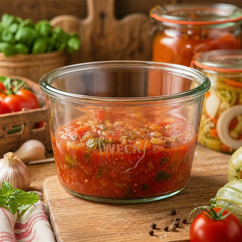 370 ml Briller WECK RR100 WECK 370 ml RR100-krukke fyldt med tomatsauce på et træbord ved siden af friske tomater og krydderurter