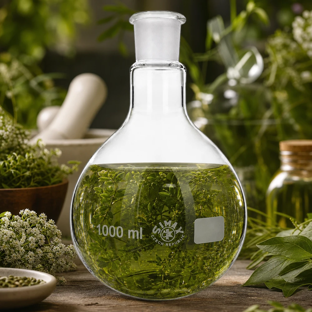 Flaske 1000 ml med standard slebet led (29/32) Glaskolbe 1000 ml med urteekstrakt og professionel standardmalet led til botanisk laboratoriearbejde