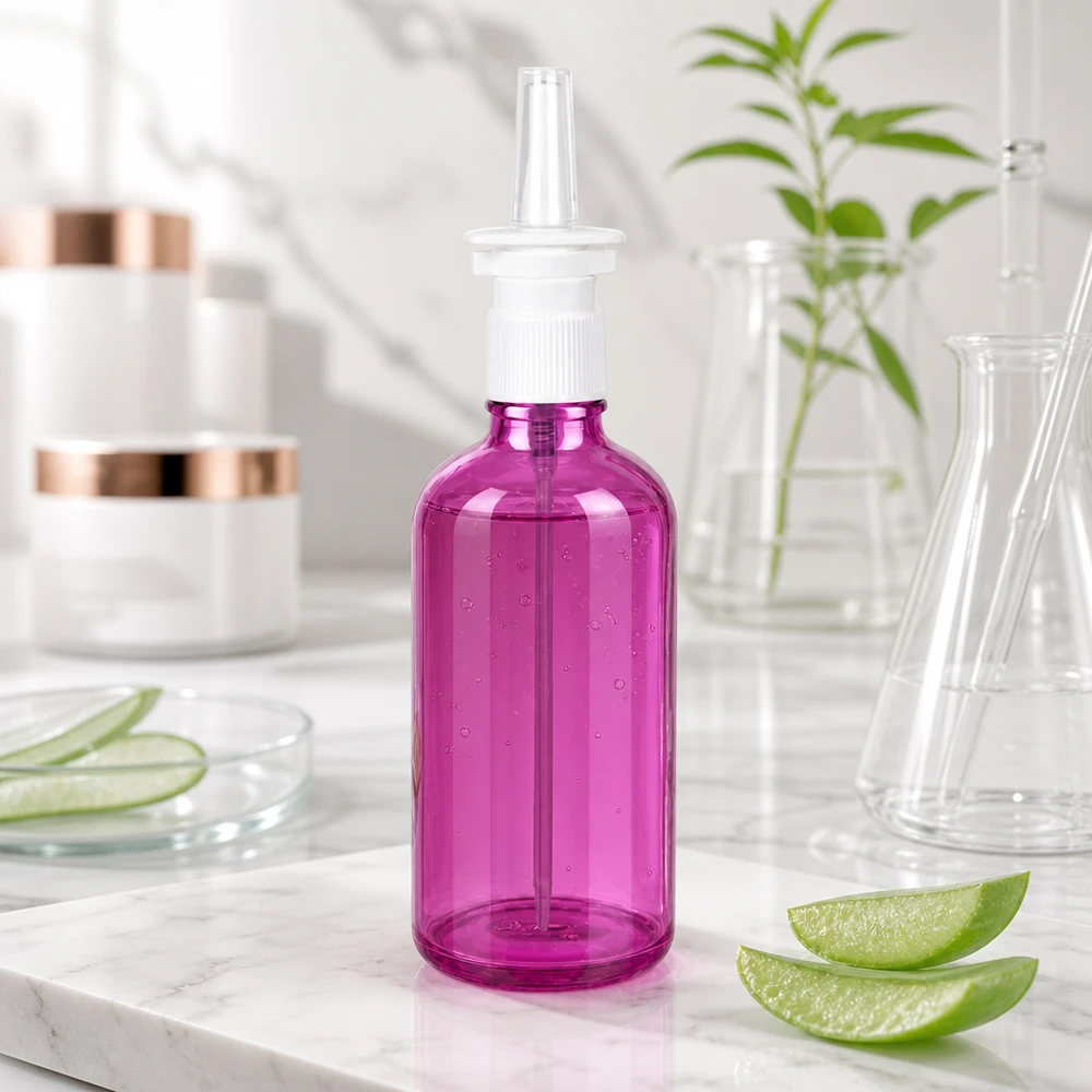 100 ml næsesprayflaske hvid/transparent standard PurpleLine UT18/100 PurpleLine sprayflaske 100 ml i høj kvalitet med gennemsigtig lilla farve til nasal anvendelse UT18