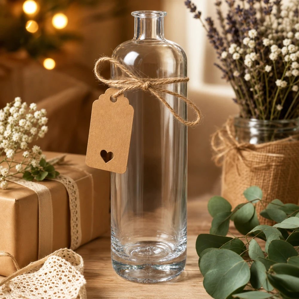 700 ml glasflaske »Ella« uden lukning UNiTWIST® 700ml Glasflasche Ella dekorativ arrangiert mit Geschenkanhänger Juteschnur und getrockneten Blumen als Geschenkidee