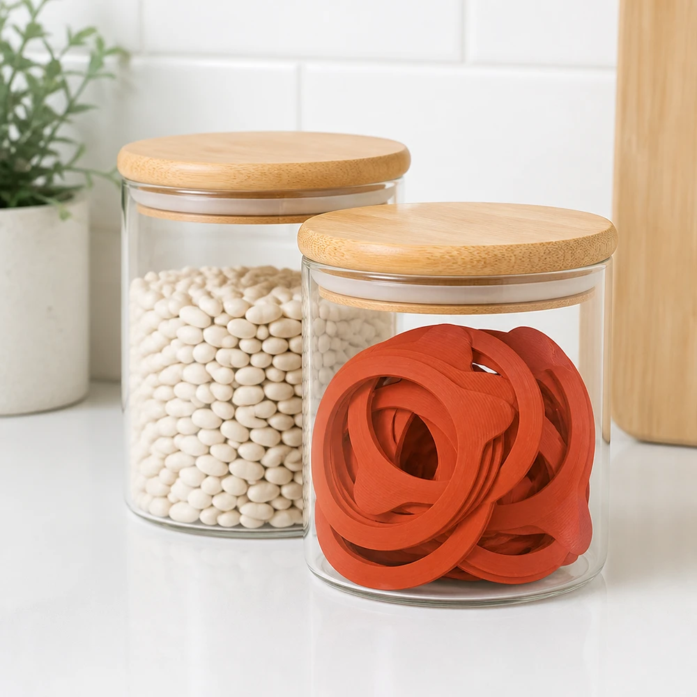 Kogende ring af naturgummi RR100 Rote Einkochringe RR100 aus Naturgummi in Vorratsglas mit Bambusdeckel neben weißen Bohnen in moderner Küche