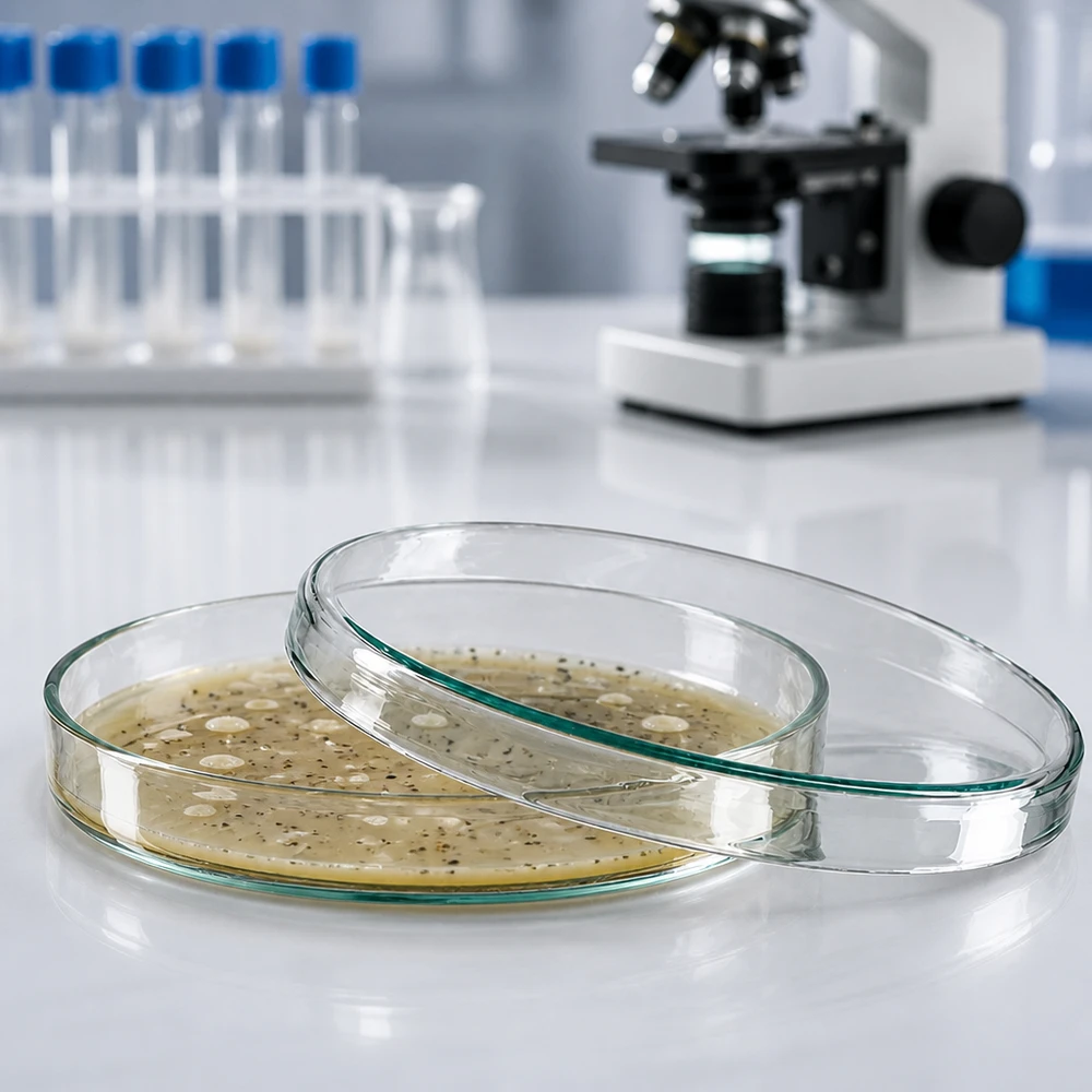 To stablede petriskåle af glas med bakteriekultur på et hvidt laboratoriebord