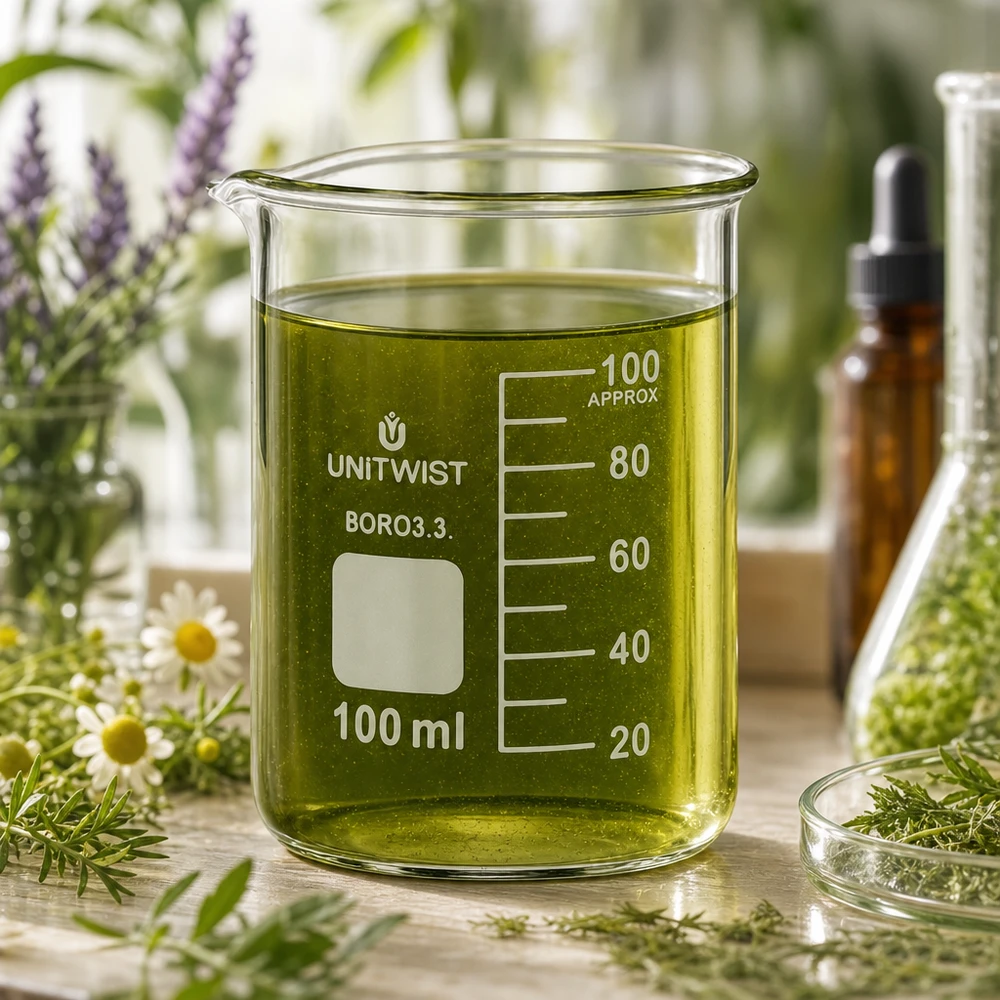 Bæger 100 ml borosilikat, lav form UNiTWIST UNiTWIST glasbeholder på 100 ml med grønt urteekstrakt omgivet af friske lægeurter