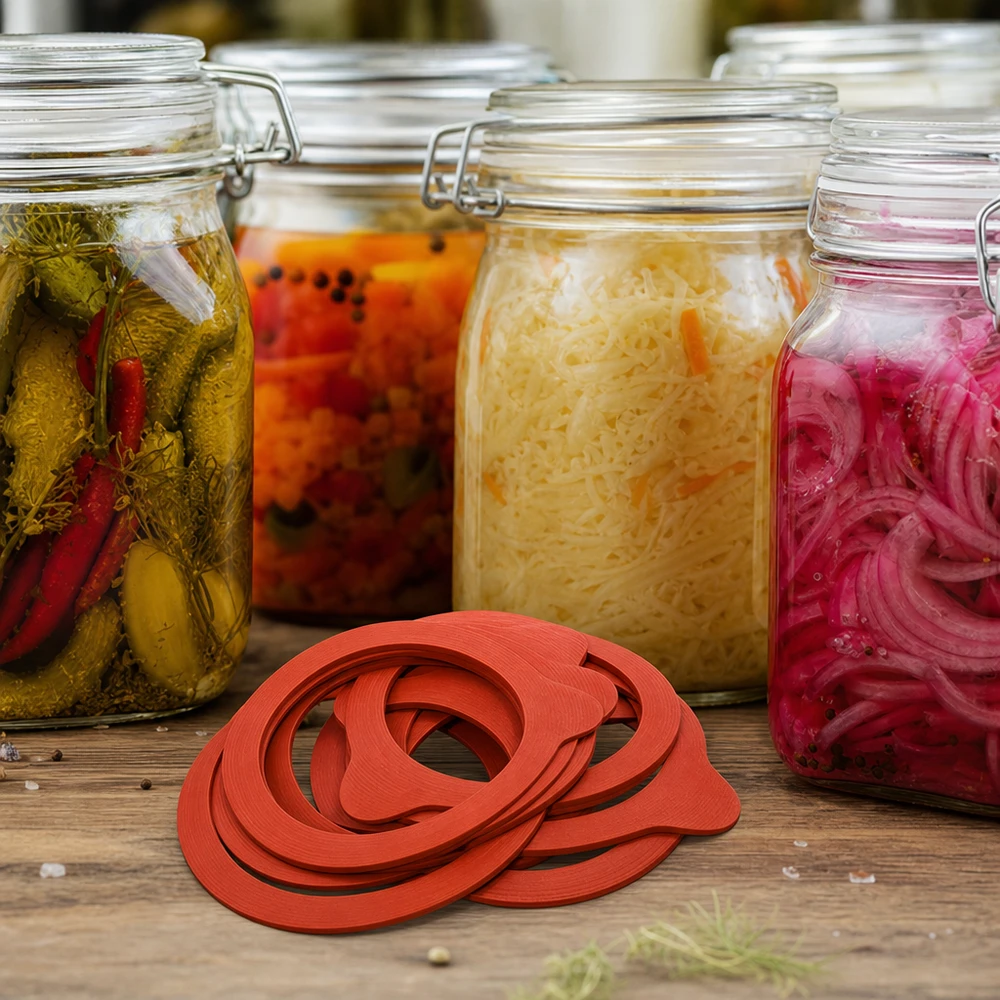 Kogende ring af naturgummi RR60 Konserveringsringe RR60 Naturgummi foran glas med fermenterede grøntsager Sauerkraut Kimchi Syltede agurker Løg