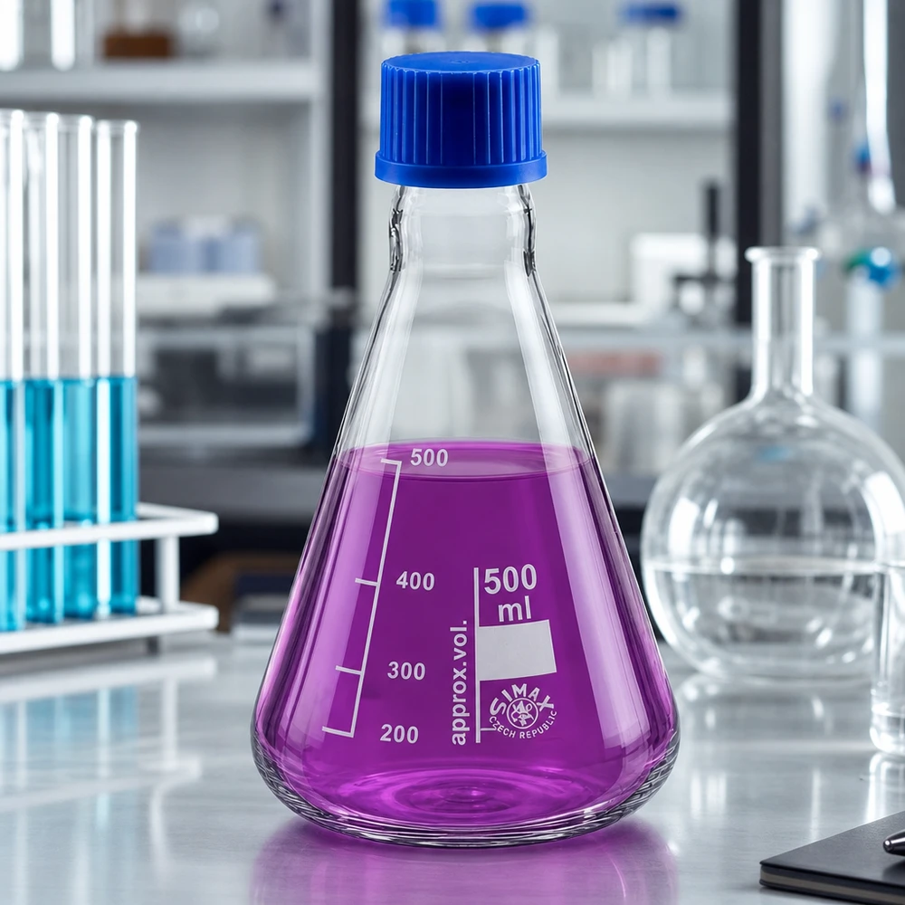 Erlenmeyer-kolbe 500 ml med skruelåg Erlenmeyer-kolbe 500 ml af varmebestandigt borosilikatglas med gradueret skala