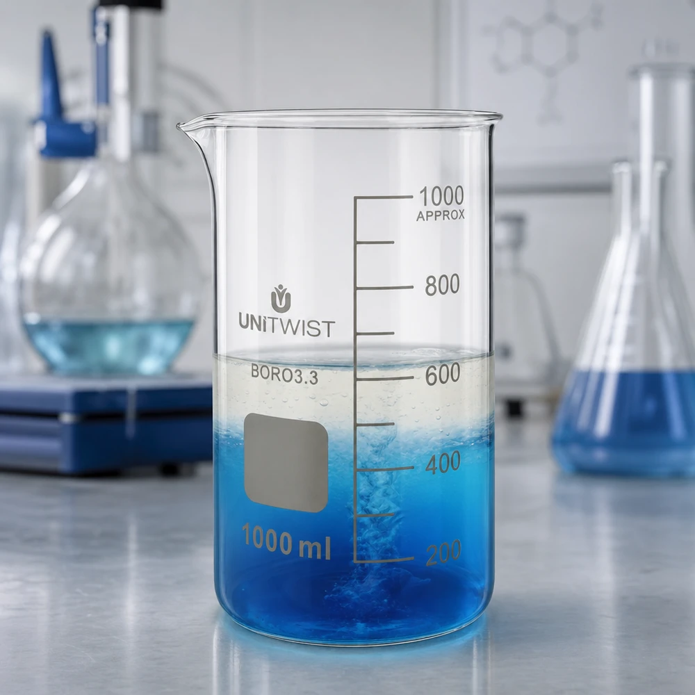 Bæger 1000 ml borosilikat, høj form UNITWIST 1000 ml bägerglas af borosilikatglas, høj model UNITWIST, med blå opløsning og synlige bobler