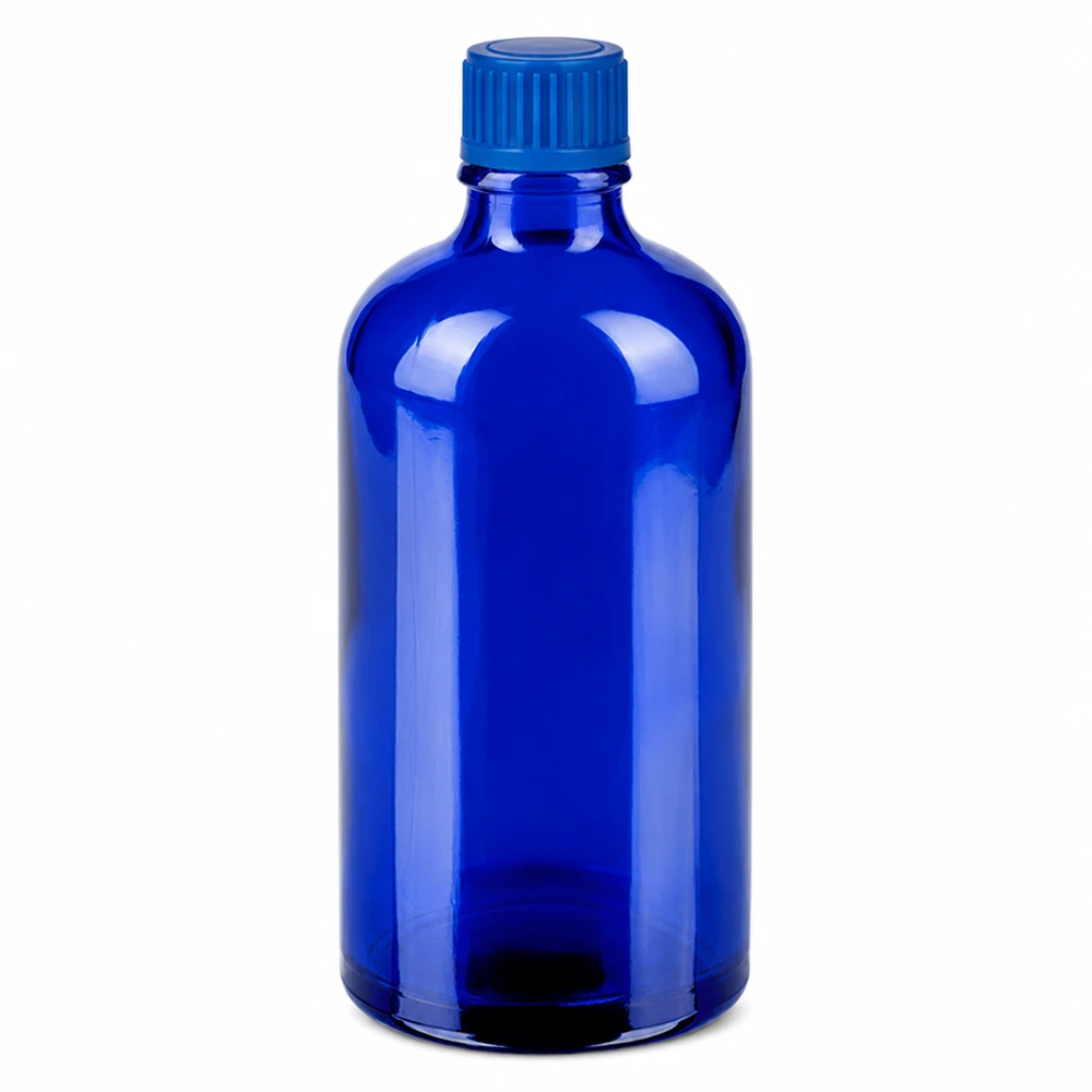 100 ml flaske 11 mm SV blå STD BlueLine UT18/100 Blå glasflaske 100 ml med skruelåg til kosmetik og lægemidler