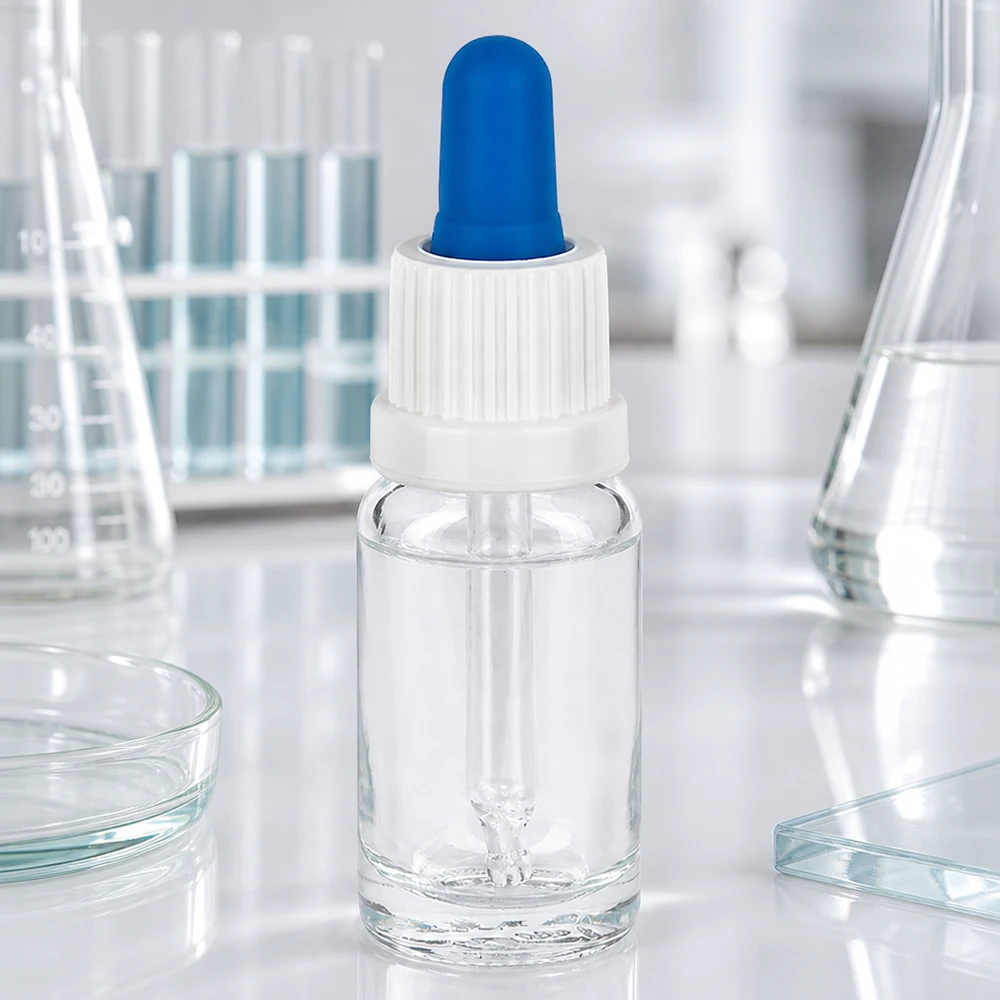 10 ml pipetteflaske hvid/blå OV ClearL. UT18/10 10 ml pipetteflaske af klart glas i laboratoriet med reagensglas, bægerglas og petriskåle
