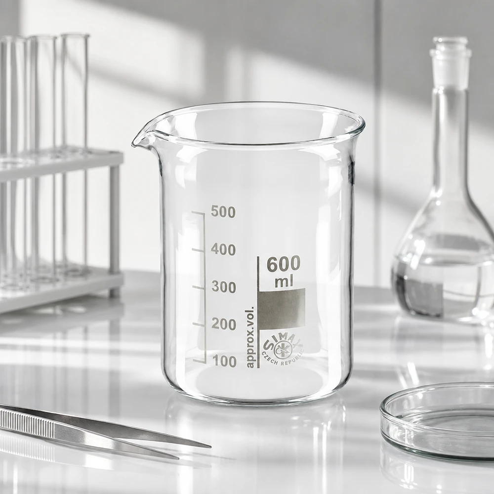 Bæger 600 ml borosilikatglas, lav skimmel Klart bægerglas 600 ml med lav form lavet af borosilikatglas af høj kvalitet med præcis inddeling
