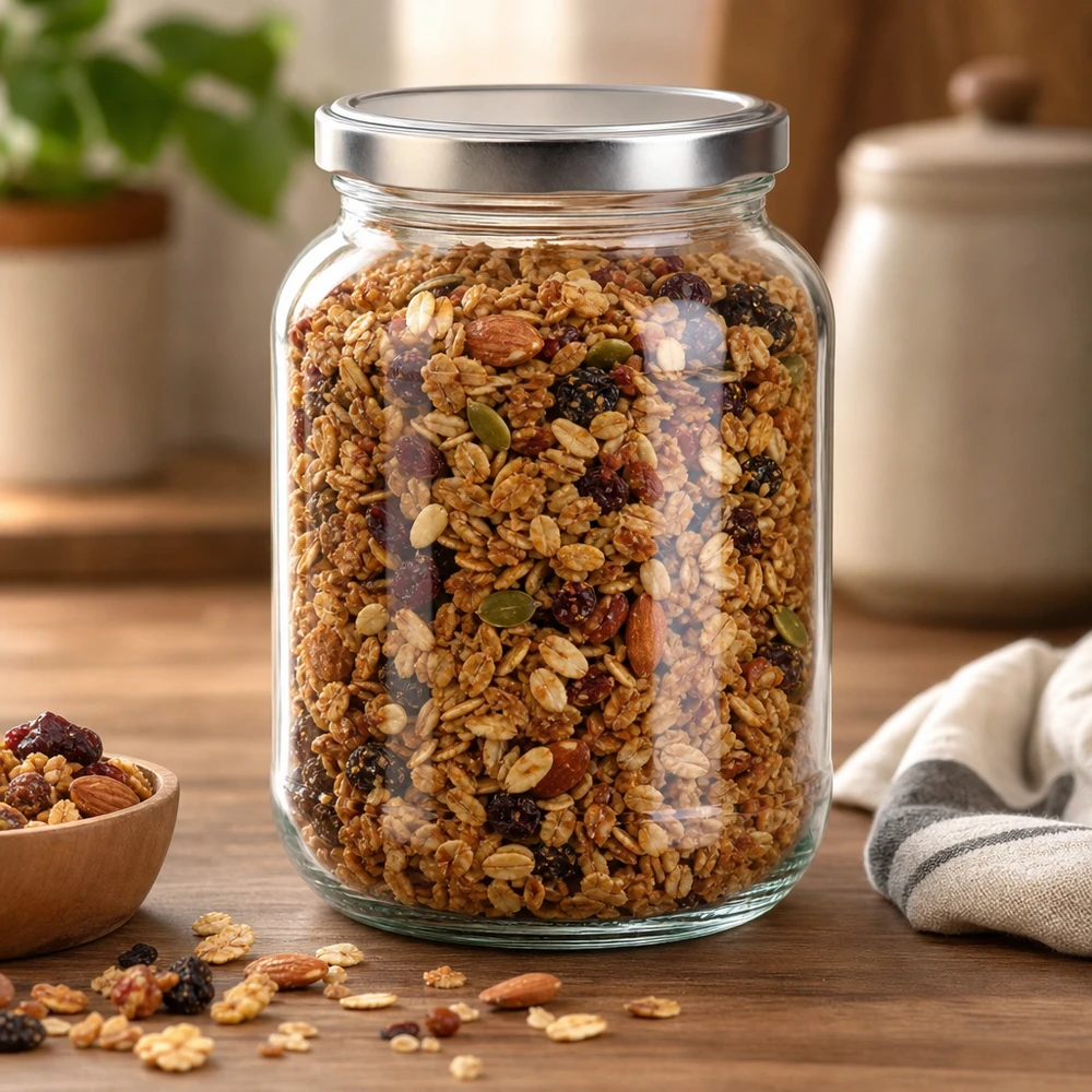 370 ml oval krukke med BasicSeal-låg sølv UNiTWIST 370 ml oval krukke med sølvskruelåg fyldt med müsli og nødder som opbevaringsbeholder i køkkenet