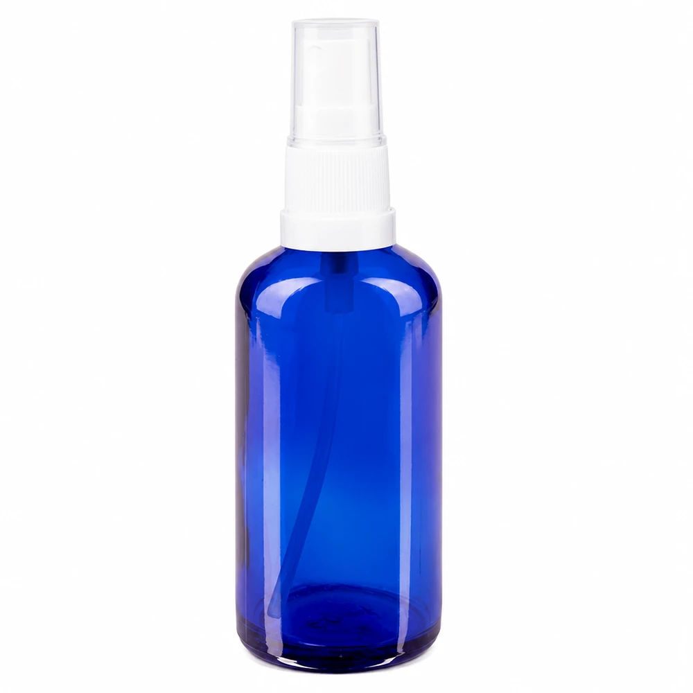Apoteksflaske blå 50 ml spraytop hvid 50 ml blå glasflaske med sprayhoved i hvidt til apoteker og kosmetik