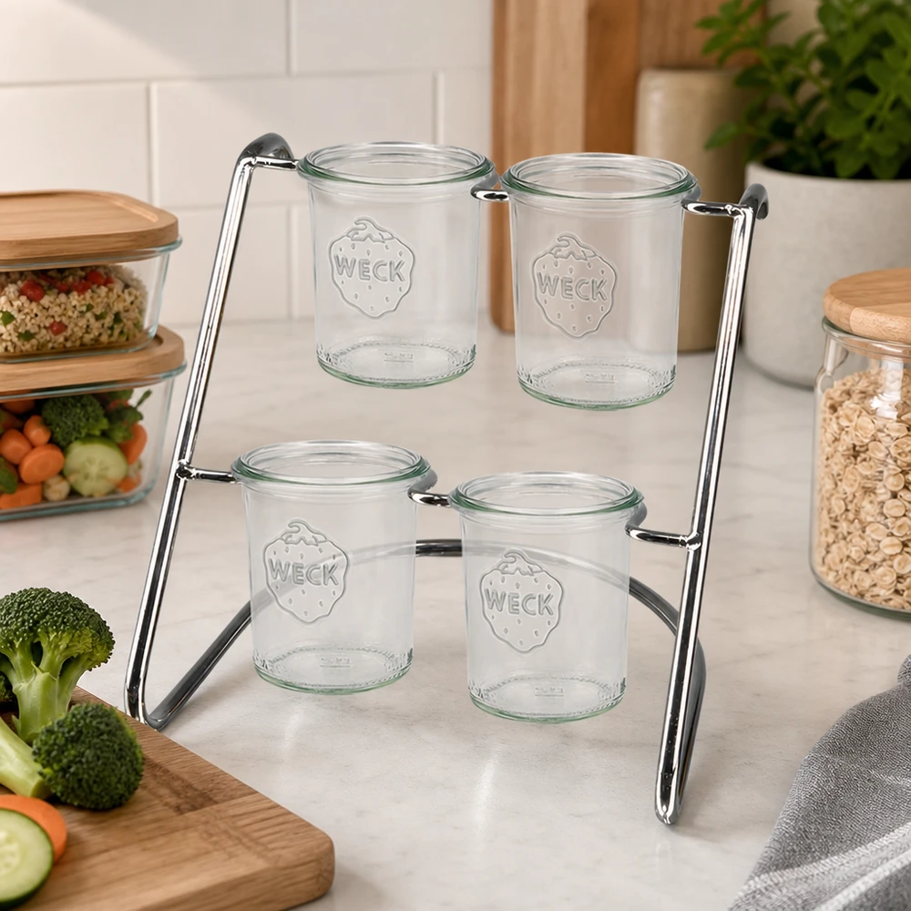Serverstativ Flato4 til 4 WECK-glas Serviergestell Flato4 auf Küchentheke mit 4 leeren WECK Gläsern - bereit zum Befüllen mit Aufstrichen und Snacks