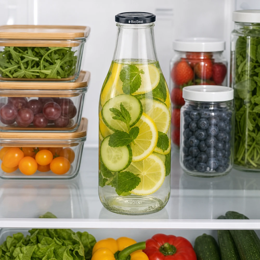 1000 ml glasflaske + BioSeal-låg sort UNiTWIST. Absolut lækagesikker med stort TO48-låg. Til mælk, juice og limonade. 1000 ml glasflaske med agurkevand i køleskabet ved siden af beholdere til måltidstilberedning bær grøntsager bæredygtig opbevaring