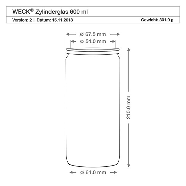 700 ml delikatesseglas med glaslåg WECK RR80 Teknisk tegning WECK cylinderglas 600ml med dimensioner - diameter 64mm, højde 210mm, vægt 301g