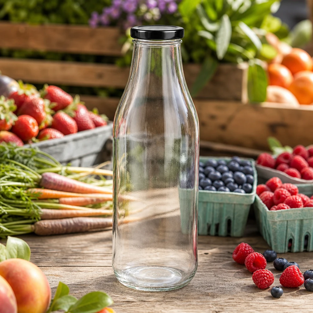 1000 ml glasflaske + BasicSeal-låg sort UNiTWIST. Absolut lækagesikker med stort TO48-låg. Til mælk, juice og limonade. 1000 ml glasflaske tom på et rustikt træbord omgivet af friske bær, frugt og grøntsager i det fri