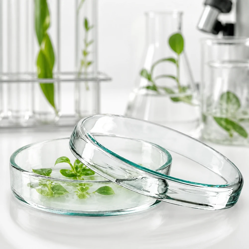 Petriskål af glas, 70 x 15 mm, med grønne plantekim i næringsopløsning til botanisk forskning
