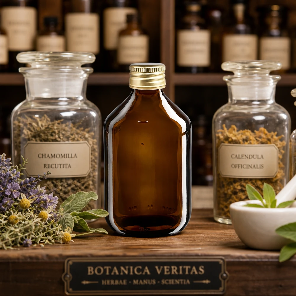 300 ml medicinflaske brun, med hætte i guldaluminium ApoGlas. Farmaceutisk kvalitet fra EU-produktion. 28 mm (PP28) gevind. (sirup, let glasflaske) Kompakt 300 ml medicinflaske i brun med praktisk aluminiumshætte til hverdagsbrug