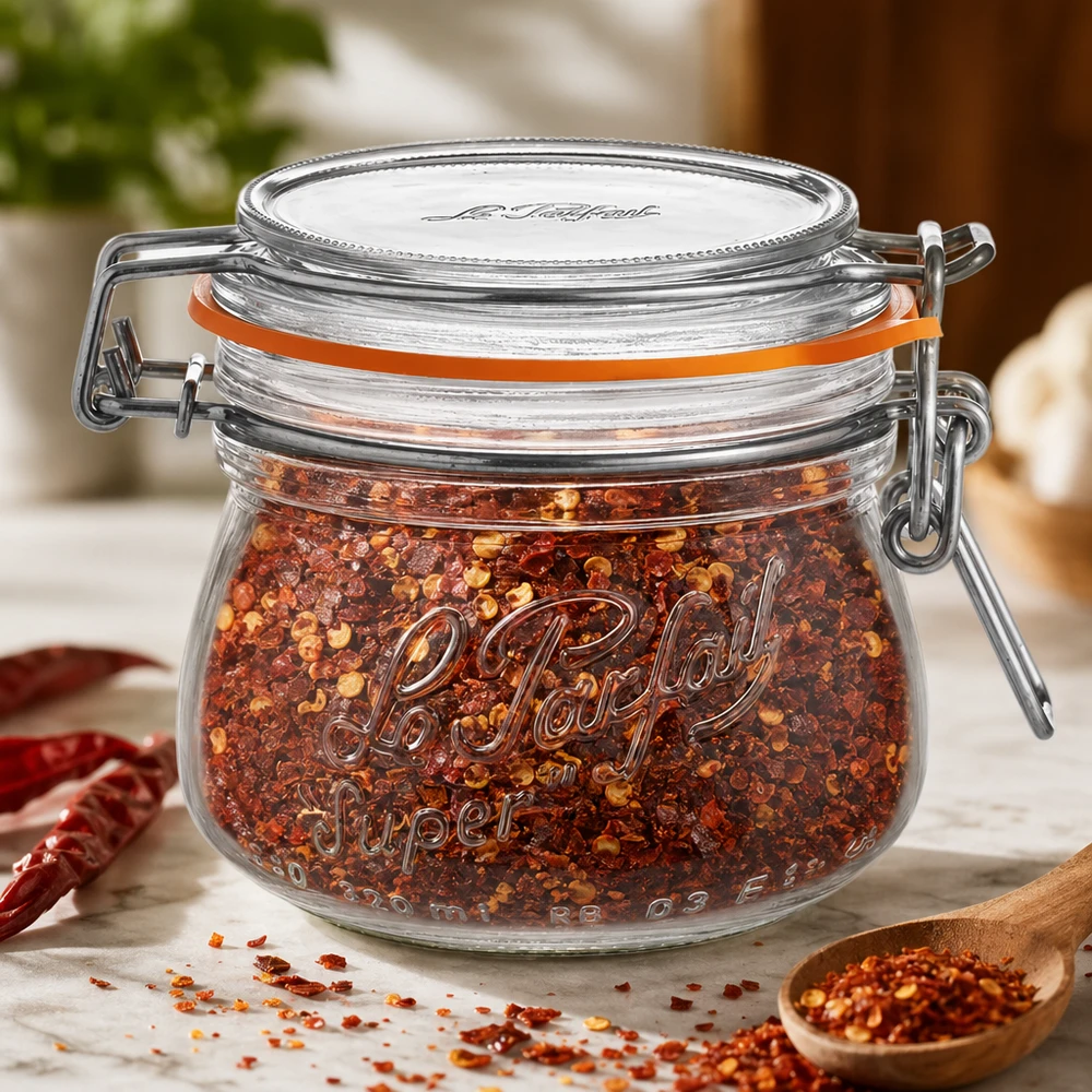 Le Parfait® glas 250 ml Ø70 mm opbevaring 250 ml Le Parfait opbevaringskrukke super med svingtop fyldt med chilikrydderiblanding på træbord