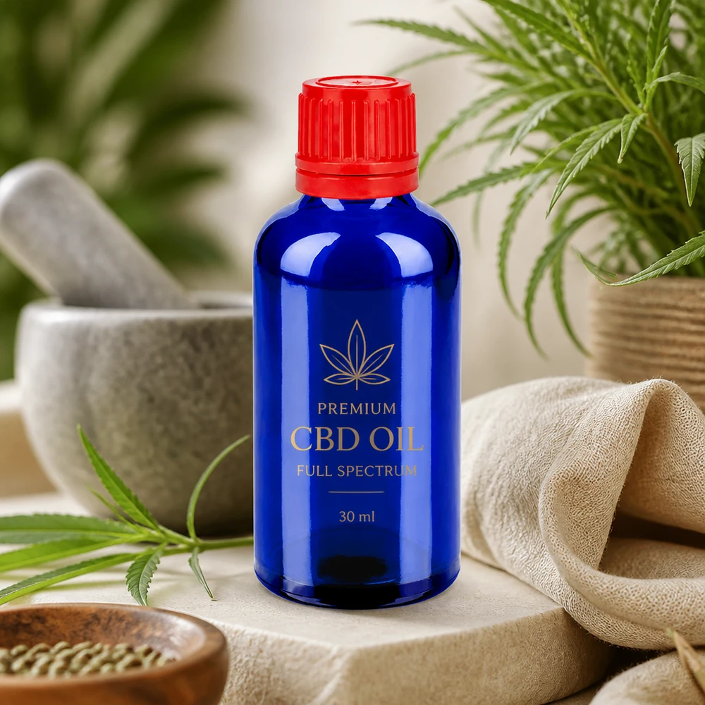 50 ml dråbeflaske SV 11 mm rød OV BlueLine UT18/50 ideel til CBD-olie og tinkturer